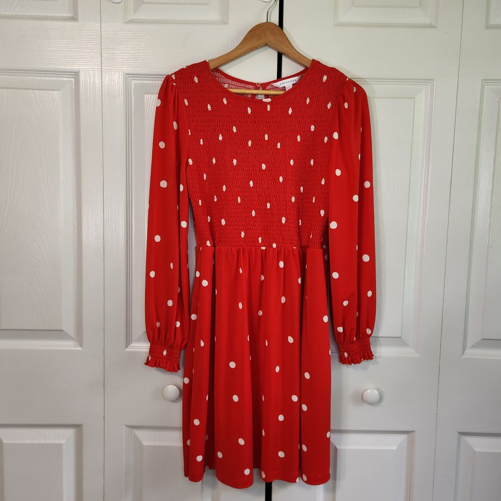 POPSUGAR Red White Polka Dot Smocked Bodice Long Sleeve Dress Medium Pinup Girly